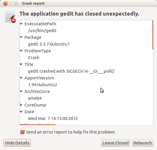 Apport crash details dialog