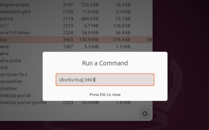Filing a bug with the “Run Command” screen and a process ID
