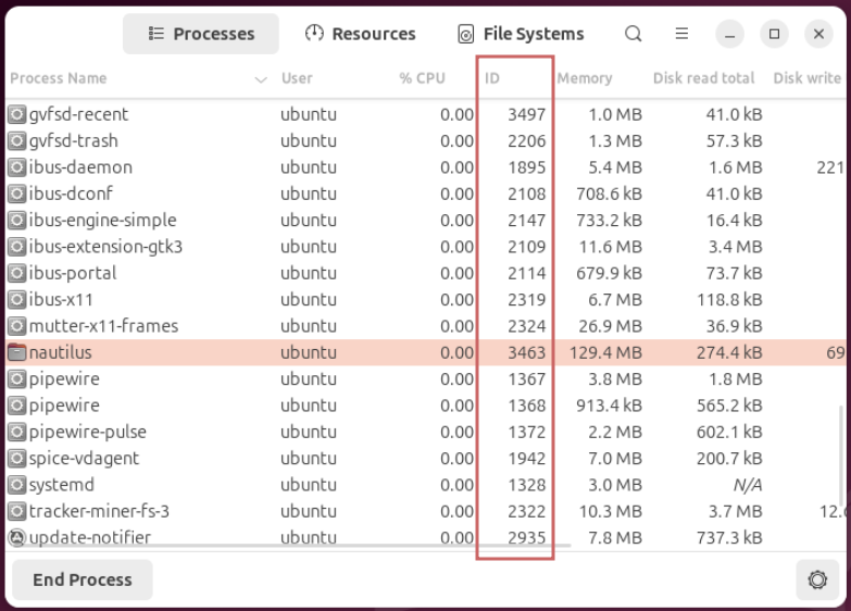 System Monitor Processes tab